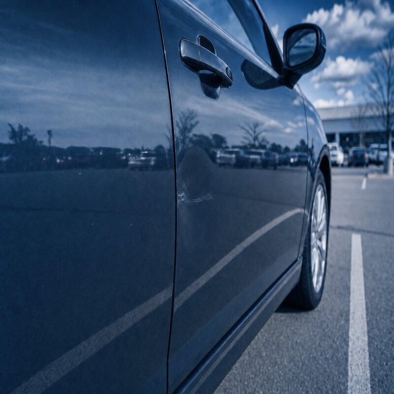 Parking lot dent on car door – minor damage repaired by IRS Denmark Fastlane