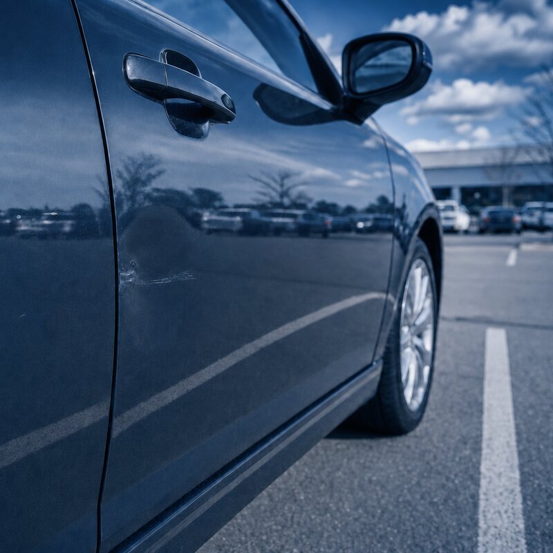 Parking lot dent on car door – minor damage repaired by IRS Denmark Fastlane
